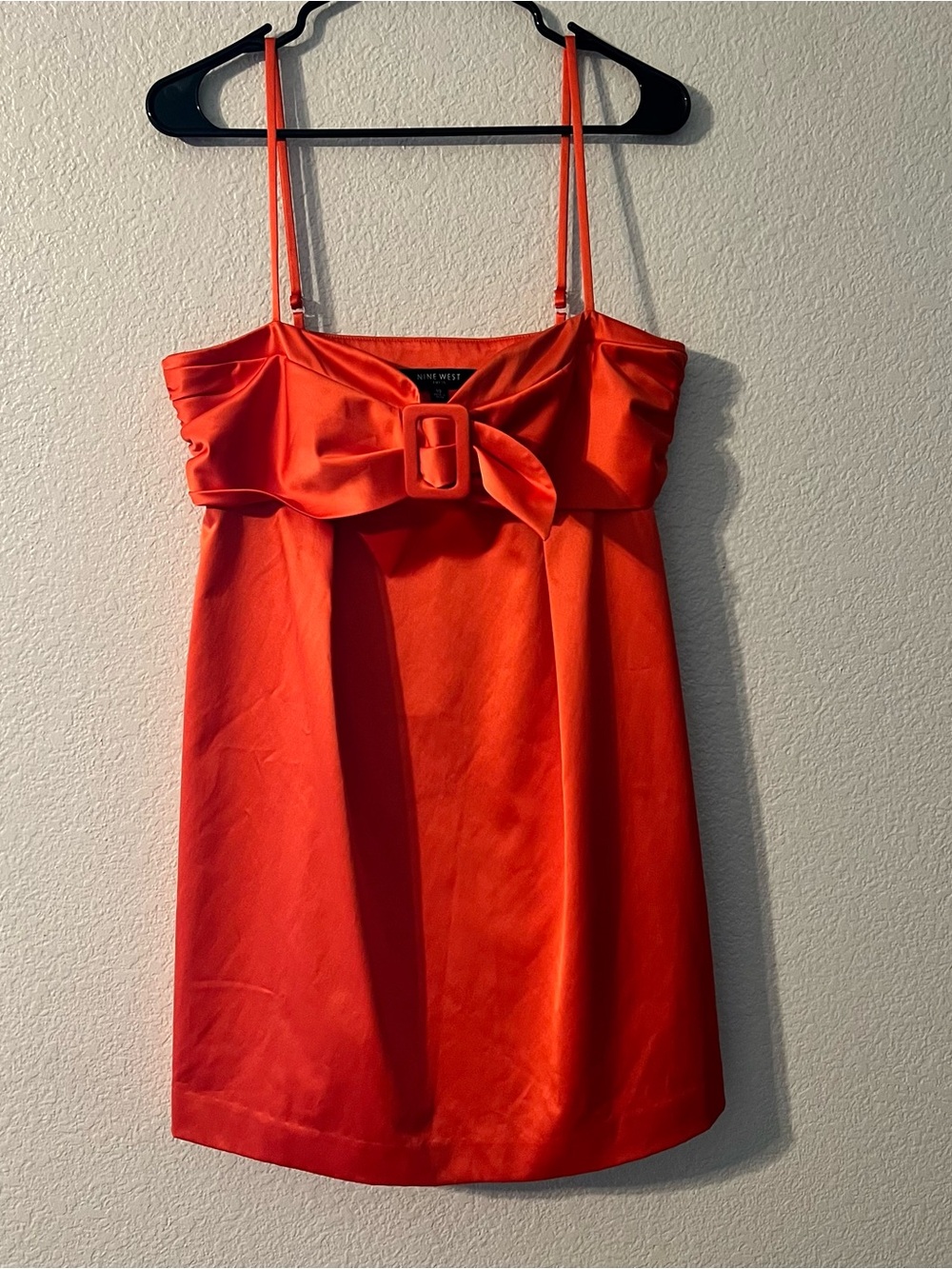 Nine West Orange Satin Spaghetti Strap Mini Dress with Buckle